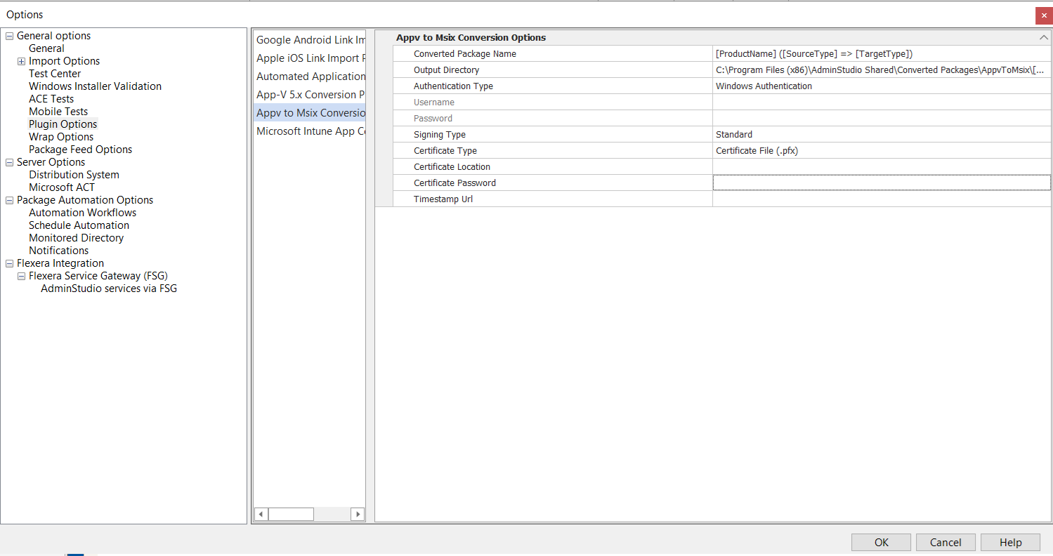 Options Dialog Box / Plugin Options Tab / App-V to MSIX Conversion Options