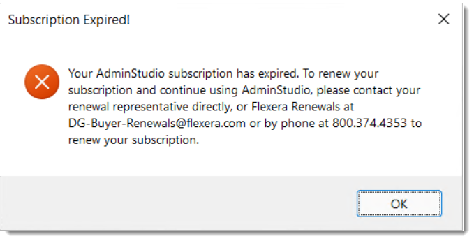 Subscription Expired Message (AdminStudio)